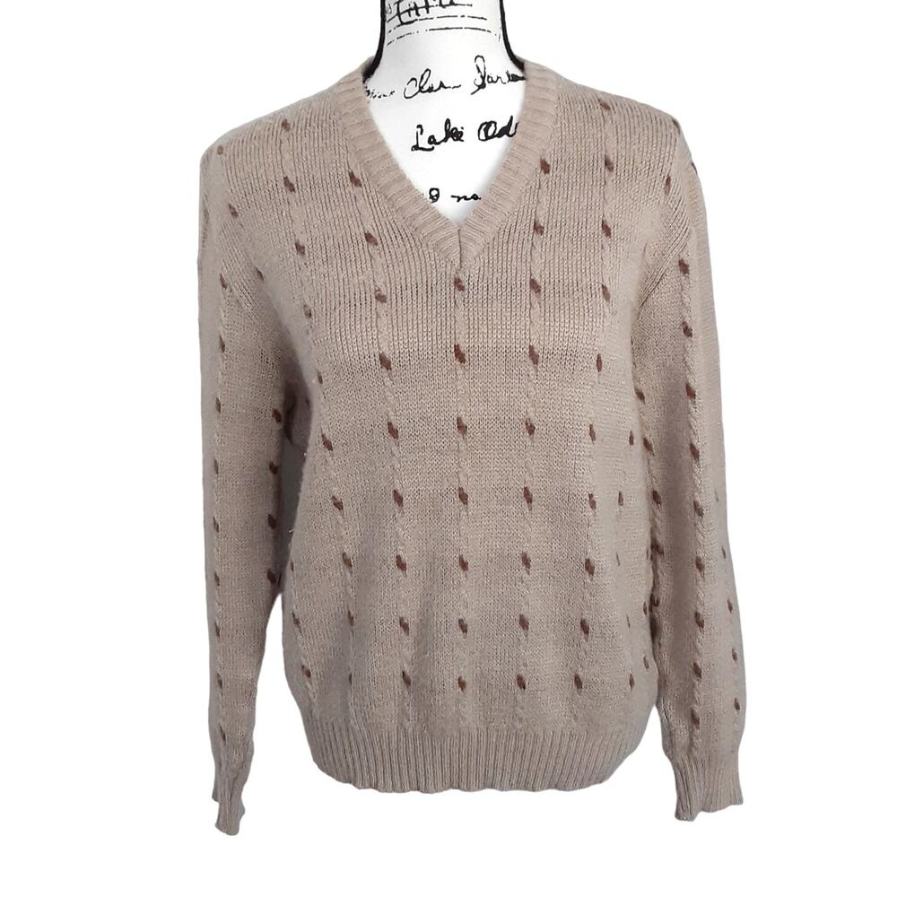 Vintage 1960s Mohair Wool Grandpa Sweater V Neck Tan Oatmeal L Made in Italy